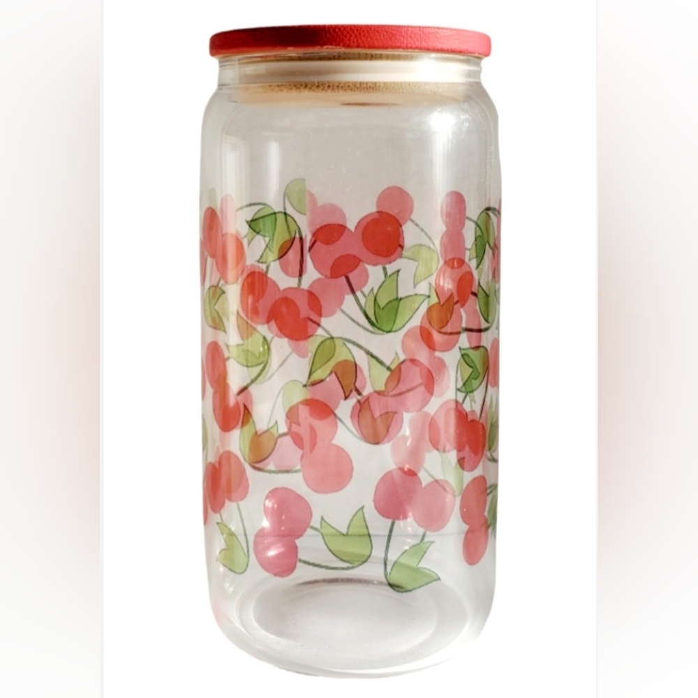 Glass can, beer can, 16 oz. Tumbler, with straw and bamboo  lid.